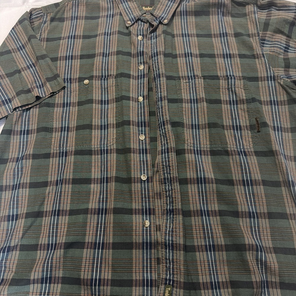 Timberland Weathergear Mens Large Green Plaid Short Sleeve Button Down Shirt